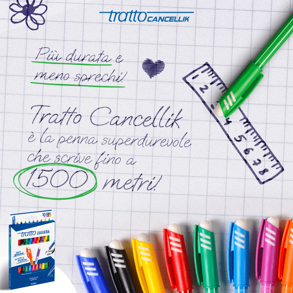 Tratto Cancellik è la penna cancellabile italiana superdurevole! Scrive  fino a 1.500 metri. Piu' durata, meno spreco.