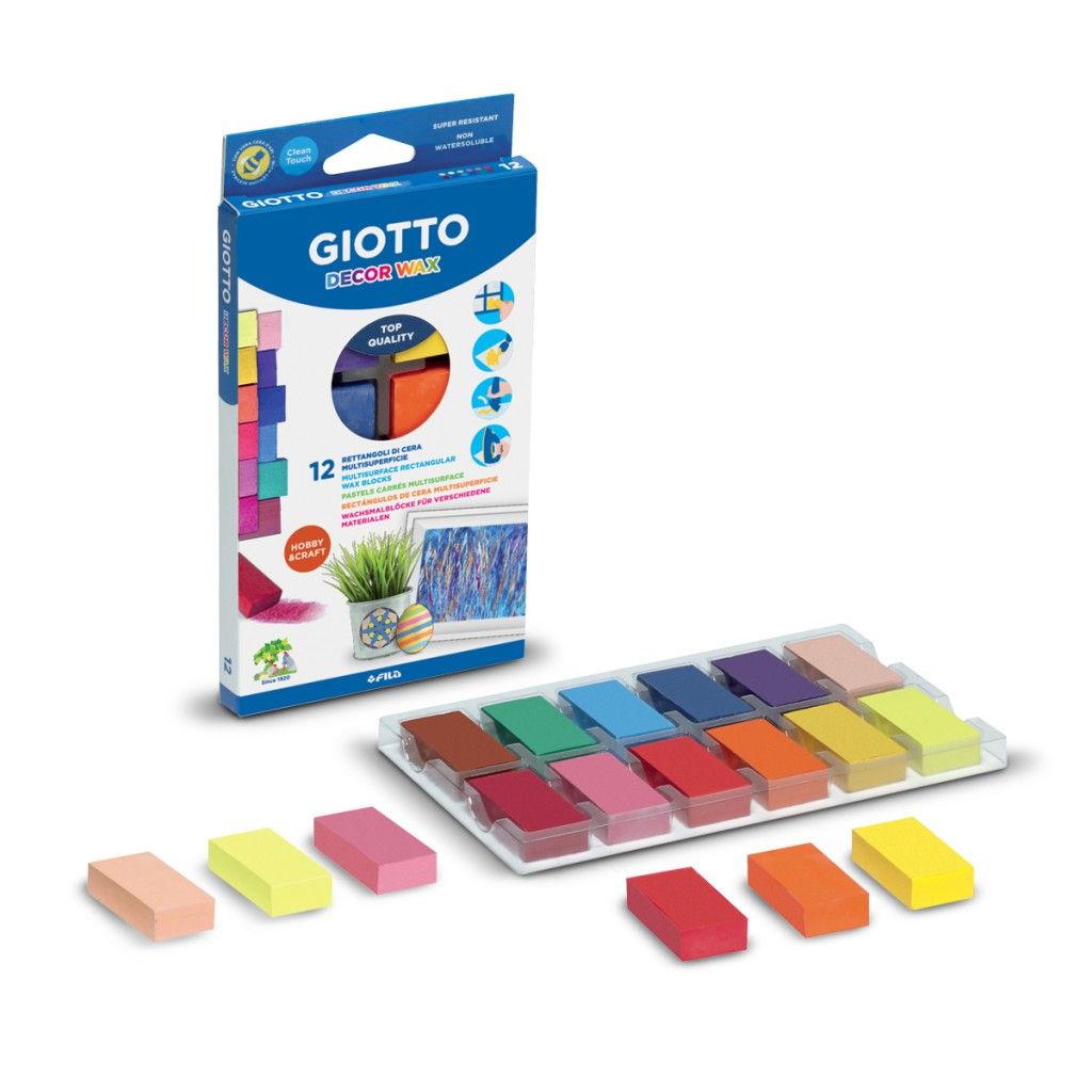 Giotto Decor Wax – Boîte De 12 Pastels Rectangulaires à La Cire D’abeille, Pour Verre, Bois, Métal, Plastique