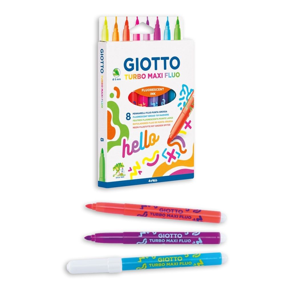GIOTTO Turbo Giant - Feutres Extra Larges Pointe Conique, 12 Couleurs Dont 2 Fluos, Lavables, Pour Enfants