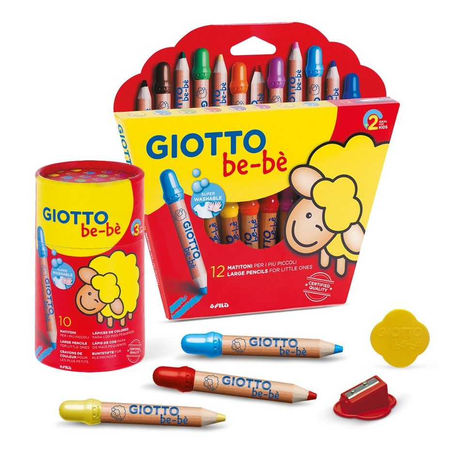 Giotto be-bè 466400 mina de 7 mm diámetro, capuchón posterior de seguridad anti-mordedura, anti-hogo y sacapuntas multicolor Estuche 6 lápices de colores, 